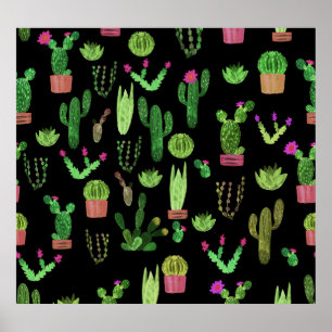 Watercolor Cactuses Plant Seamless Background Poster