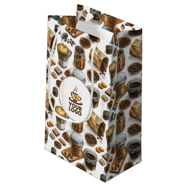 Watercolor Cafe Bakery Coffee Brand Logo Pattern Small Gift Bag (Back Angled)