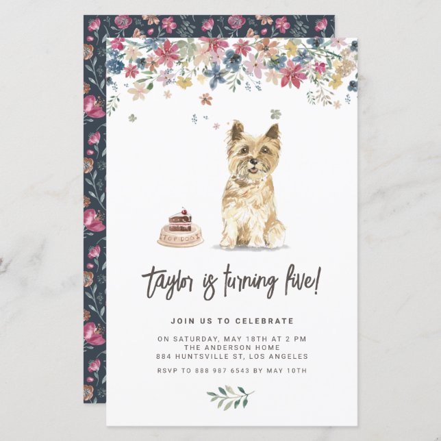Watercolor Cairn Terrier Dog Birthday Invitation (Front/Back)