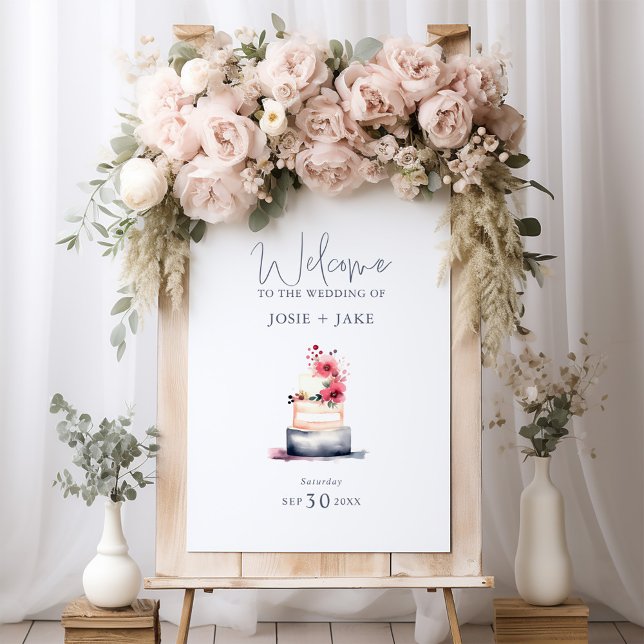 Watercolor cake wedding welcome sign (Charming Watercolor Cake Wedding Welcome Sign.)