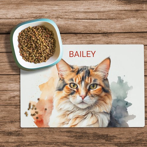 Watercolor Calico Cat Custom Cat Food Mat