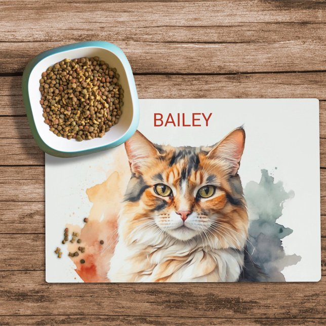 Watercolor Calico Cat Custom Cat Food Mat (Creator Uploaded)
