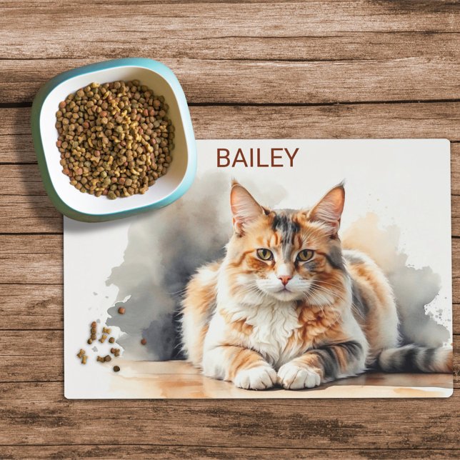 Watercolor Calico Cat Custom Cat Food Mat (Creator Uploaded)