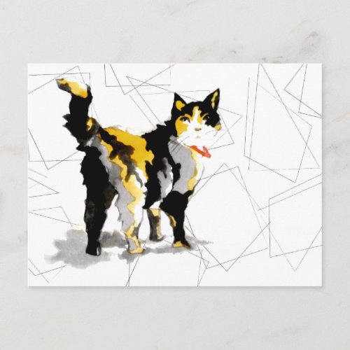 Watercolor Calico Cat Geometric Shapes Postcard