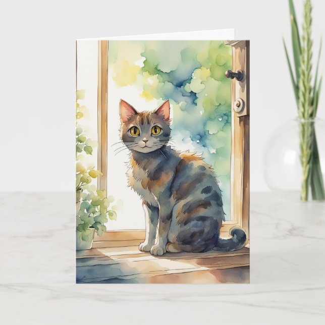 Watercolor Calico Cat In Window Card (Front)