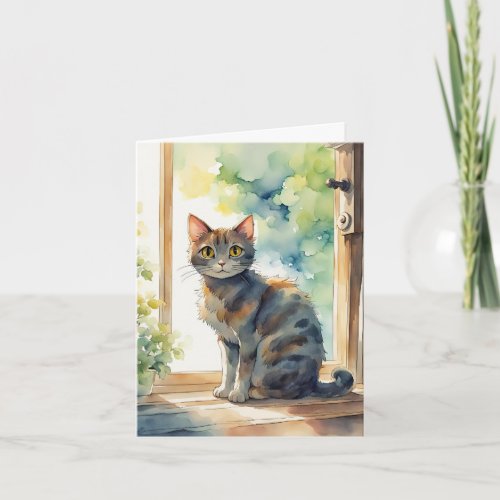 Watercolor Calico Cat In Window Note Card