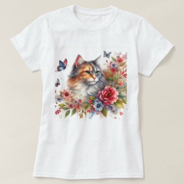 Watercolor Calico Cat Ladies  T-Shirt (Design Front)
