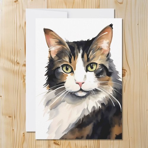 Watercolor Calico Cat Portrait Holiday Card