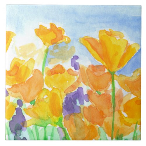 Watercolor California Poppy Flowers Tile