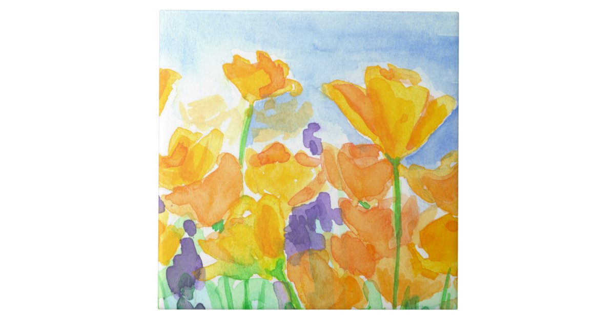 Watercolor California Poppy Flowers Tile Zazzle Com