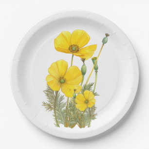 Watercolor California Poppy Yellow Flower Paper Plates