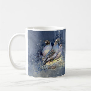 Watercolor California Quail Bird in Blue Coffee Mug