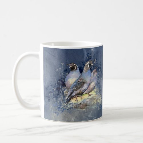 Watercolor California Quail Bird in Blue Coffee Mug