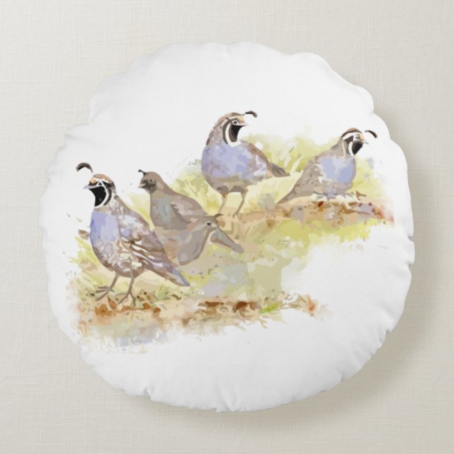 Watercolor California Quail Bird Nature Art Round Pillow (Front)