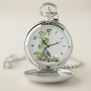 Watercolor California Quail & Chicks Bird Birding Pocket Watch