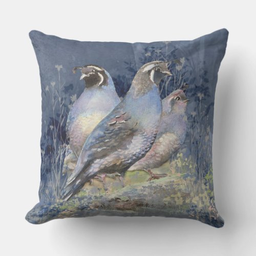 Watercolor California Quail  Wildlife Bird art Outdoor Pillow