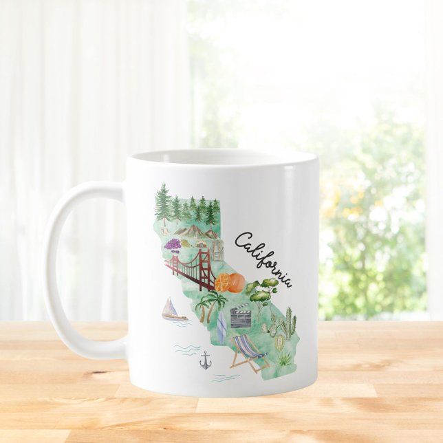 Watercolor California State Art Map Coffee Mug (In situ Kitchen table)