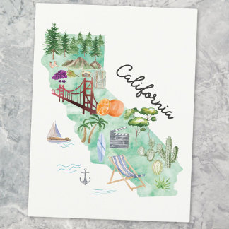 Watercolor California State Art Map Postcard