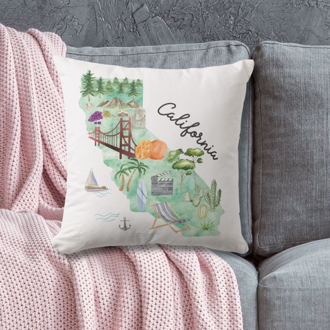 Watercolor California State Art Map Throw Pillow (In situ)
