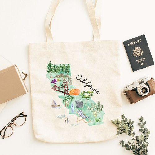 Watercolor California State Art Map Tote Bag