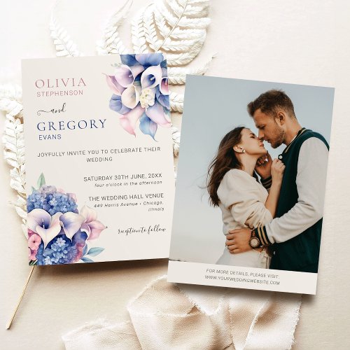 Watercolor Calla Lilies  Hydrangeas Photo Wedding Invitation