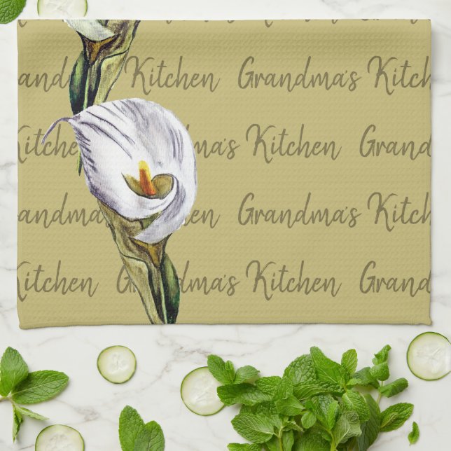 Watercolor Calla Lily Custom Text Pattern Kitchen Towel (Folded)