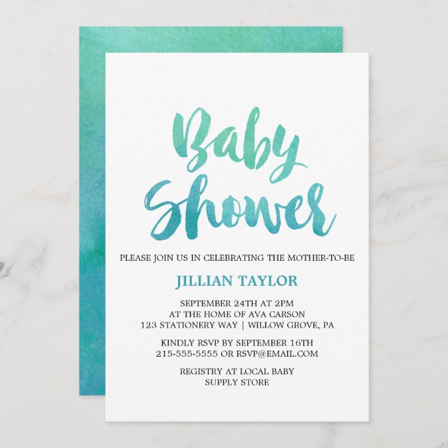 Watercolor Calligraphy Baby Shower Invitation (Front/Back)