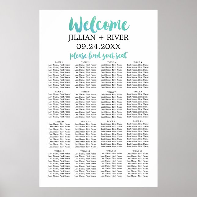 Watercolor Calligraphy Beach Wedding Seating Chart (Front)