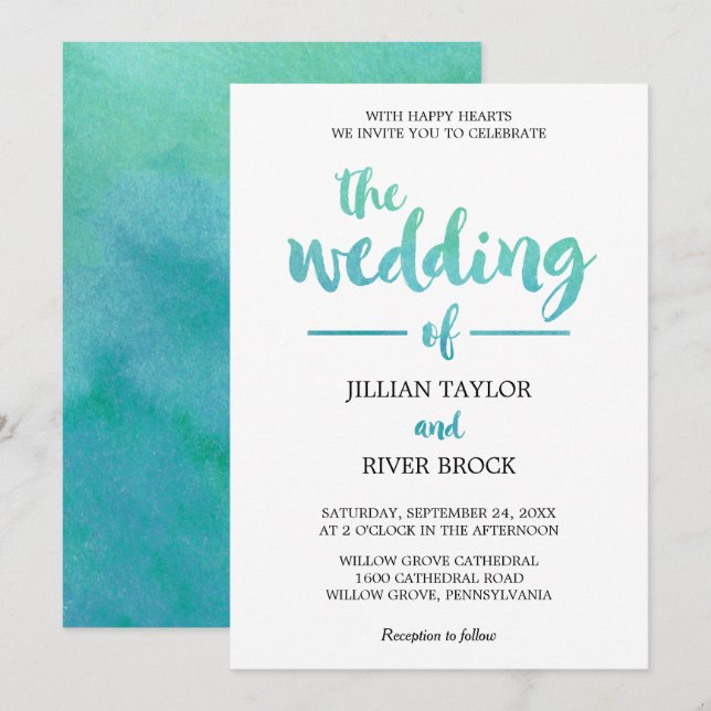 Watercolor Calligraphy Destination Beach Wedding Invitation (Front/Back)