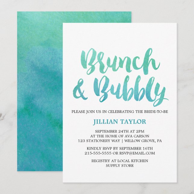 Watercolor Calligraphy Destination Brunch & Bubbly Invitation (Front/Back)