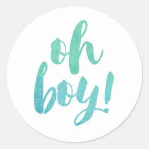 Watercolor Calligraphy Oh Boy Baby Shower Classic Round Sticker