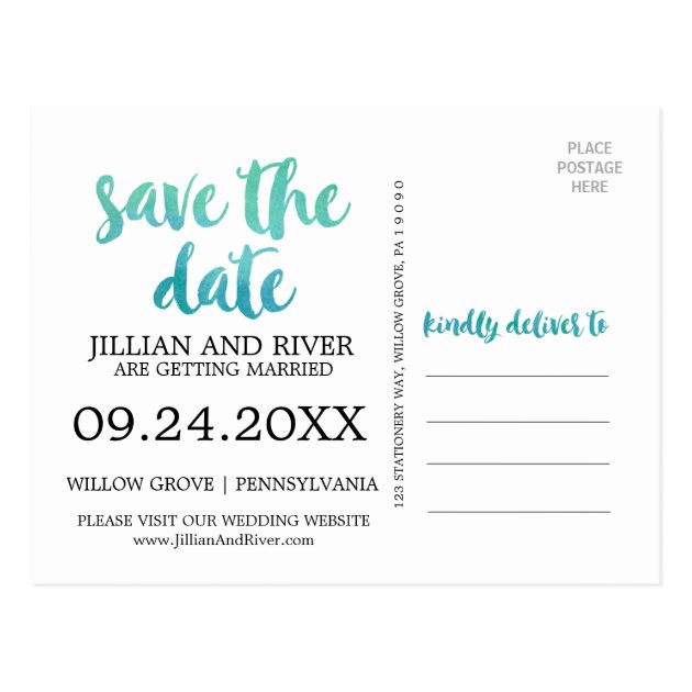 Watercolor Calligraphy Overlay Save The Date Photo Postcard