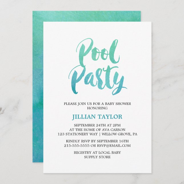 Watercolor Calligraphy Pool Party Invitation (Front/Back)