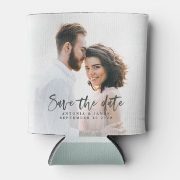 Watercolor Calligraphy Save The Date Can Cooler by paper_petal at Zazzle