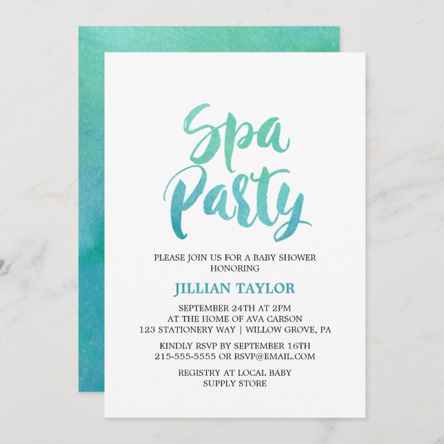 Watercolor Calligraphy Spa Party Invitation (Front/Back)