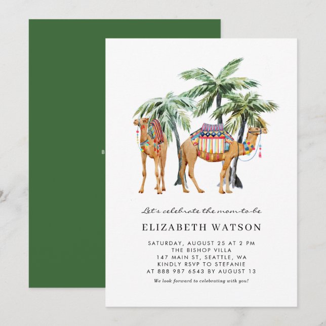 Watercolor Camels & Palm Trees Desert Baby Shower Invitation (Front/Back)