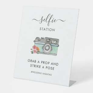 Watercolor Camera Selfie Station Wedding Hashtag Pedestal Sign