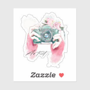 Watercolor Camera With Pink Flowers Sticker