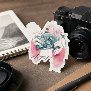 Watercolor Camera With Pink Flowers Sticker