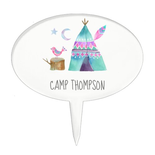 Watercolor Camping Birthday Party Cake Topper