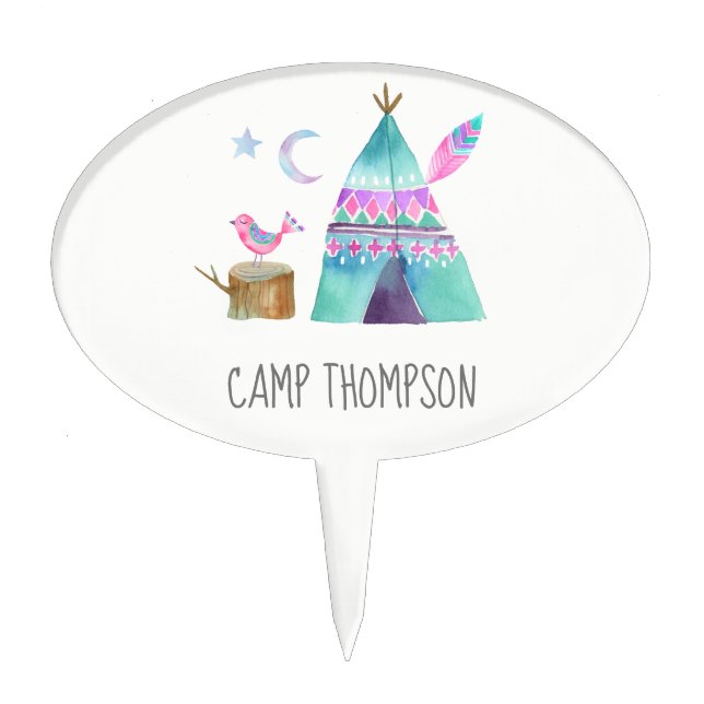 Watercolor Camping Birthday Party Cake Topper (Front)
