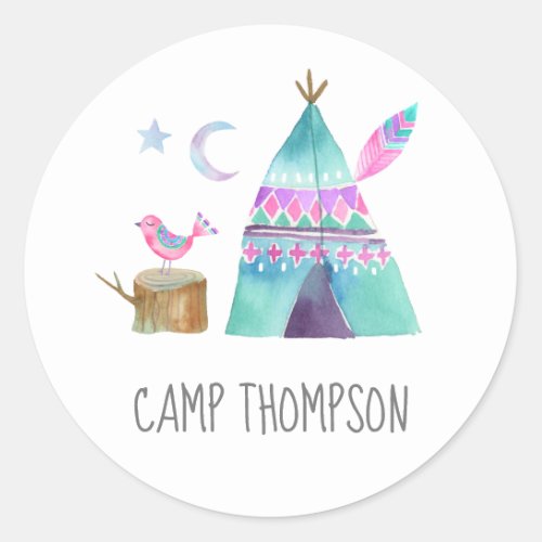 Watercolor Camping Birthday Party Classic Round Sticker