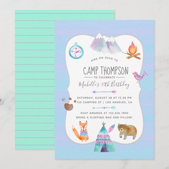 Watercolor Camping Birthday Party Invitation (Front/Back)