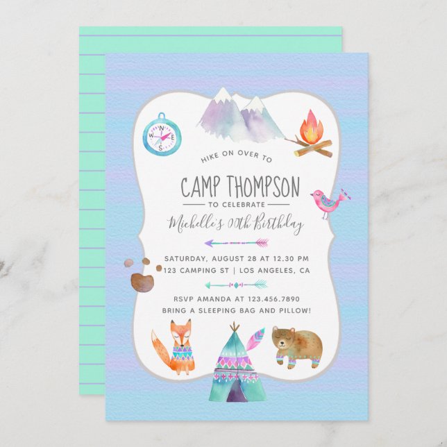 Watercolor Camping Birthday Party Invitation (Front/Back)