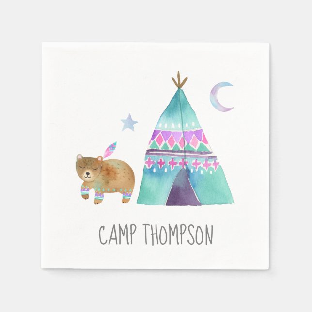 Watercolor Camping Birthday Party Napkins (Front)
