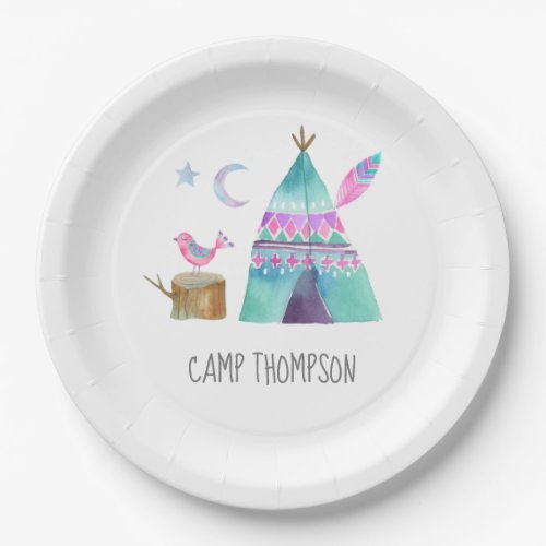 Watercolor Camping Birthday Party Paper Plates