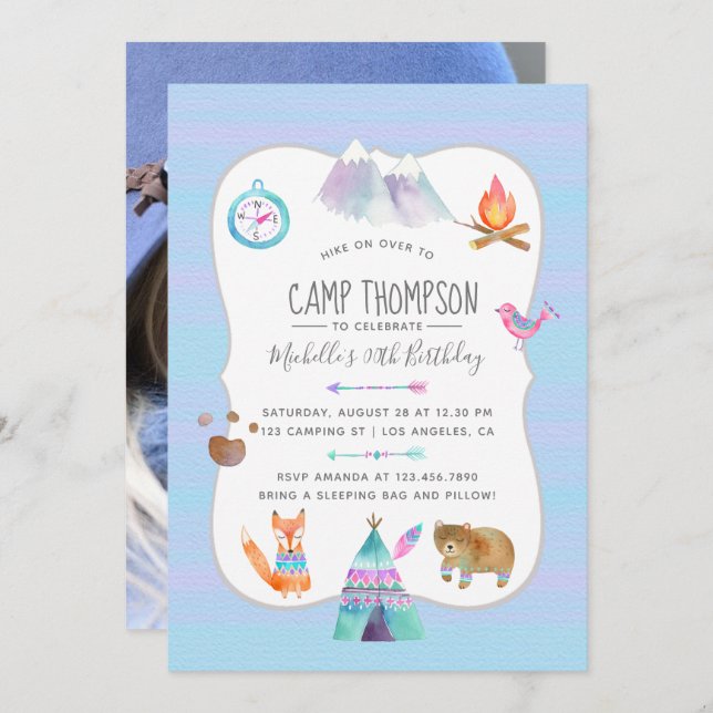 Watercolor Camping Birthday Party Photo Invitation (Front/Back)