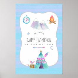 Watercolor Camping Birthday Party Welcome Poster