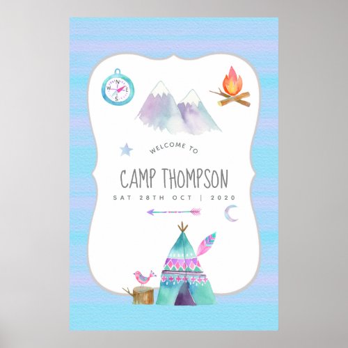 Watercolor Camping Birthday Party Welcome Poster