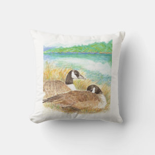Watercolor Canada Geese Nesting Family Throw Pillow